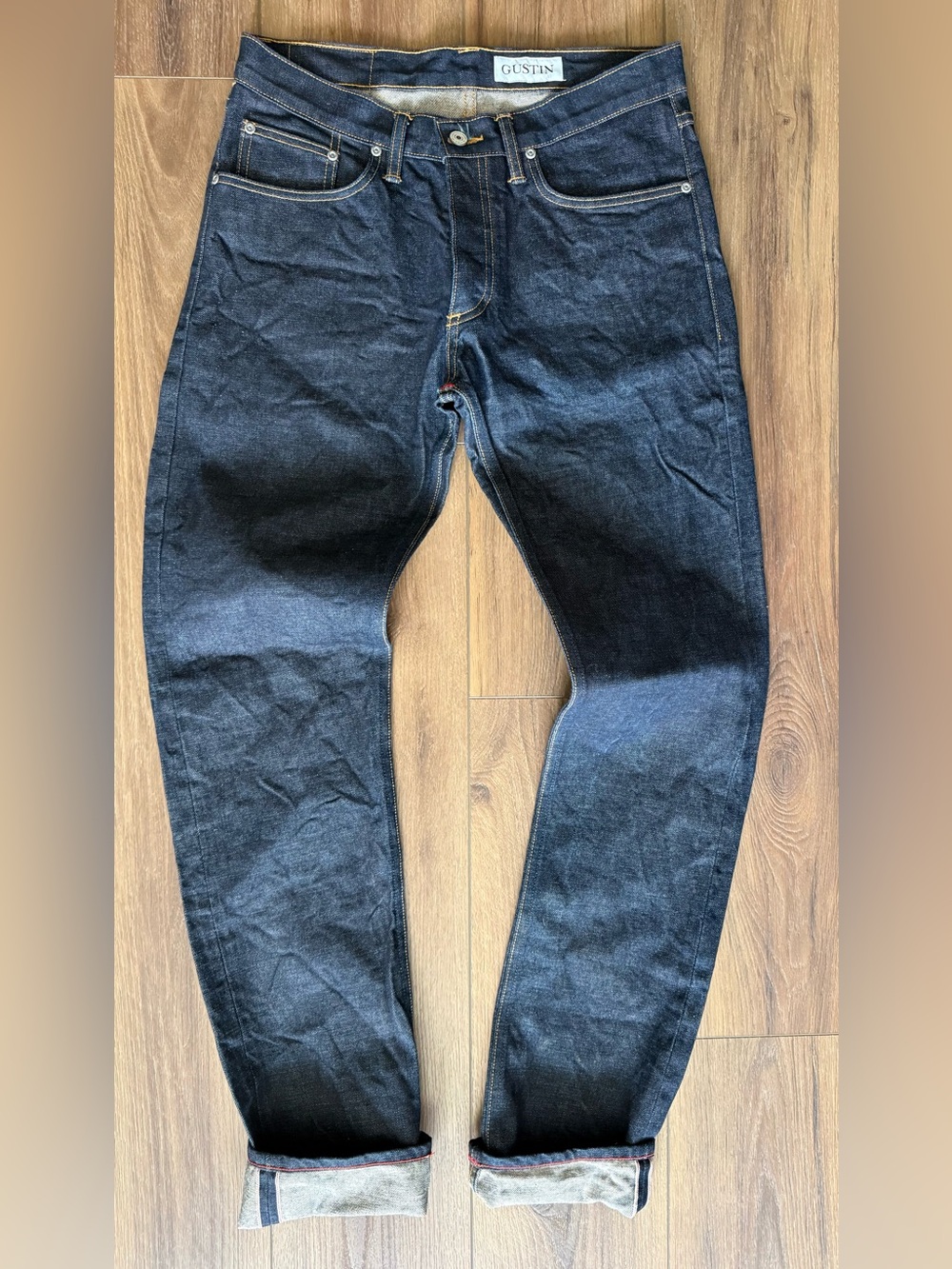 Gustin Jeans Mens 32x34 Dark California Slim Selvedge Raw Denim Button Fly